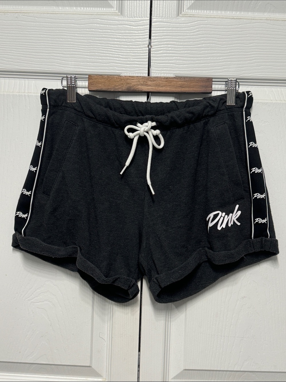 PINK Victoria's Secret Black Athletic Lounge Shorts with White Drawstring